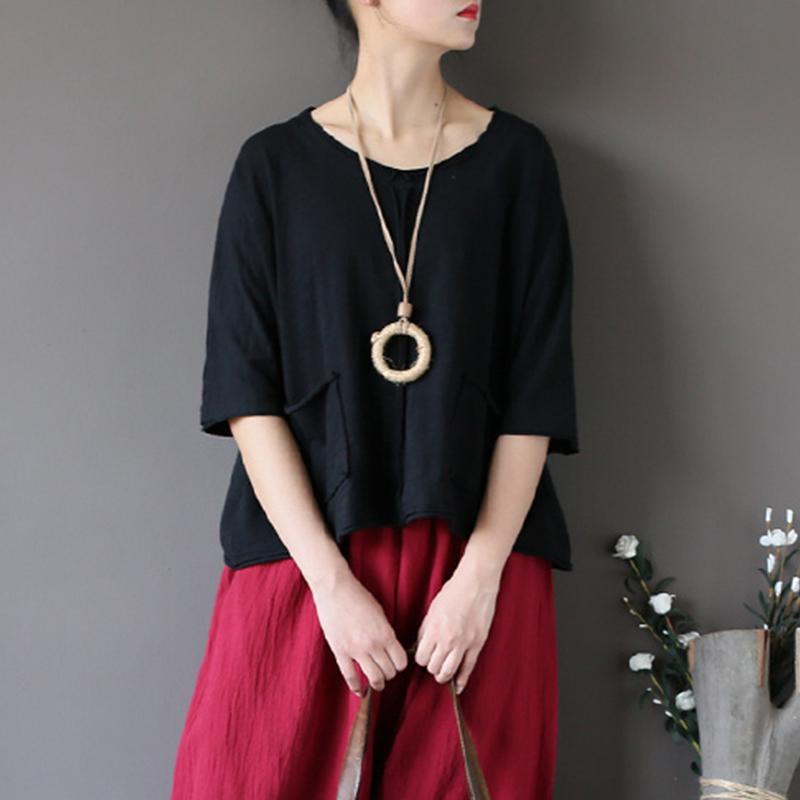 new black cotton blouse oversize pockets o neck t shirt - Omychic