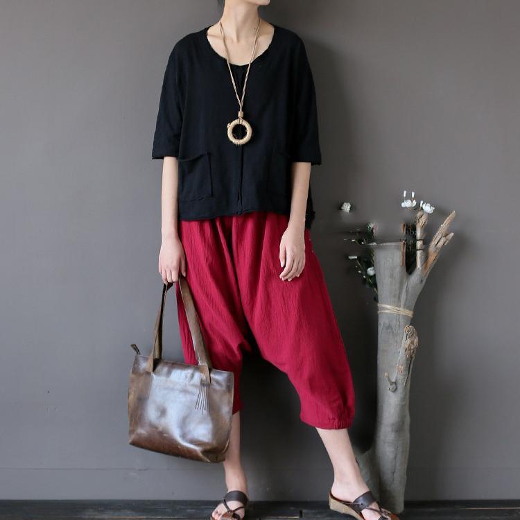 new black cotton blouse oversize pockets o neck t shirt - Omychic