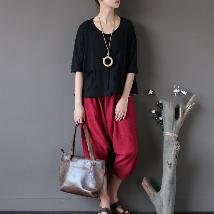 new black cotton blouse oversize pockets o neck t shirt - Omychic