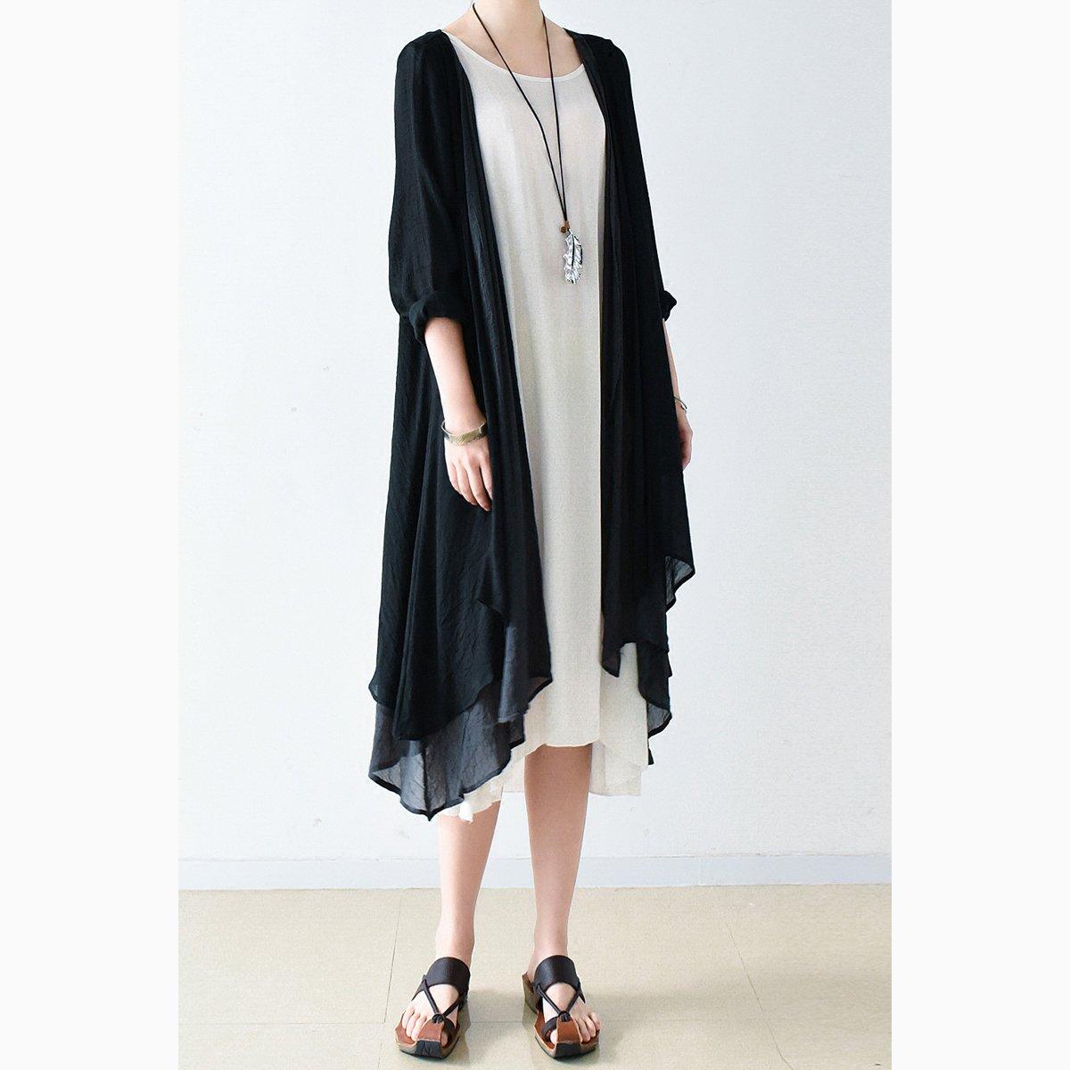 new black cotton layered thin coats cardigans flowy asymmetrical stylish cotton outwear - Omychic