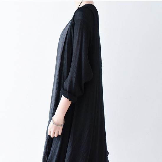 new black cotton layered thin coats cardigans flowy asymmetrical stylish cotton outwear - Omychic