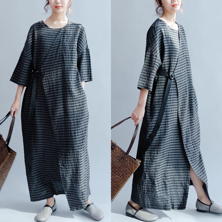 New Black Plus Size Sundress Elegant Casual Linen Summer Dress Short Sleeve Maxi Dress Side Open - Omychic