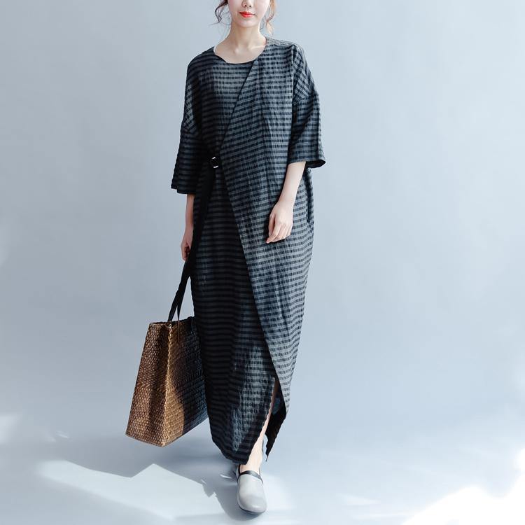 New Black Plus Size Sundress Elegant Casual Linen Summer Dress Short Sleeve Maxi Dress Side Open - Omychic