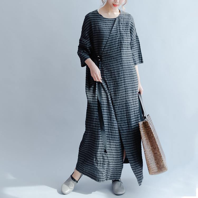 New Black Plus Size Sundress Elegant Casual Linen Summer Dress Short Sleeve Maxi Dress Side Open - Omychic
