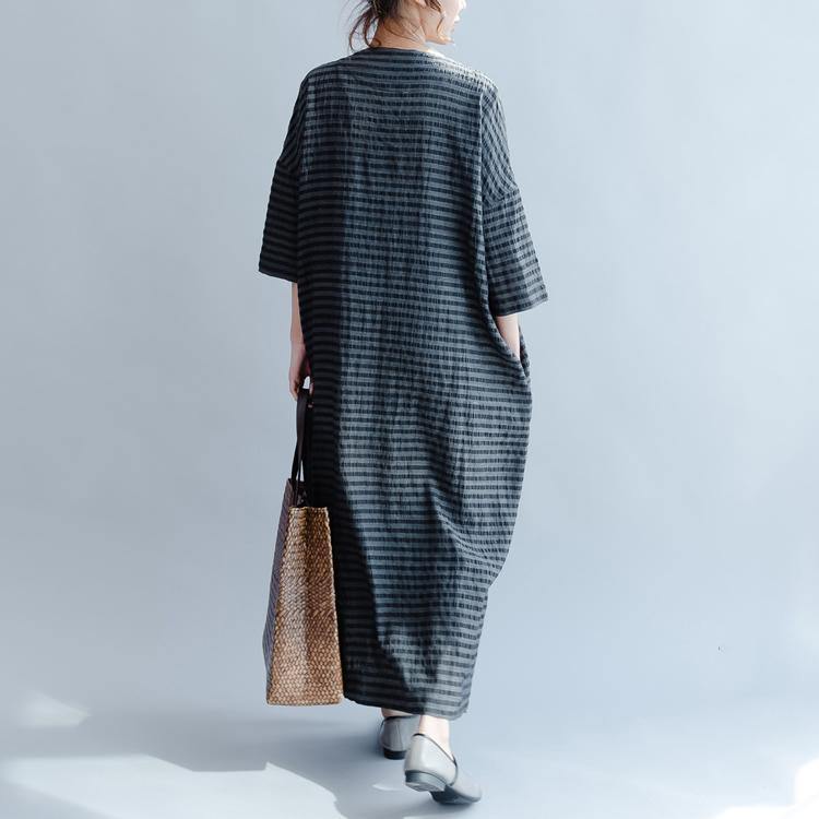 New Black Plus Size Sundress Elegant Casual Linen Summer Dress Short Sleeve Maxi Dress Side Open - Omychic