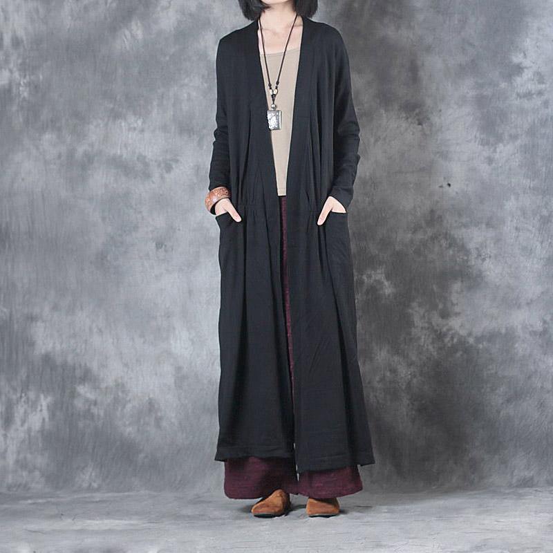 new black side open knit coats loose long sleeve v neck wrap coats - Omychic