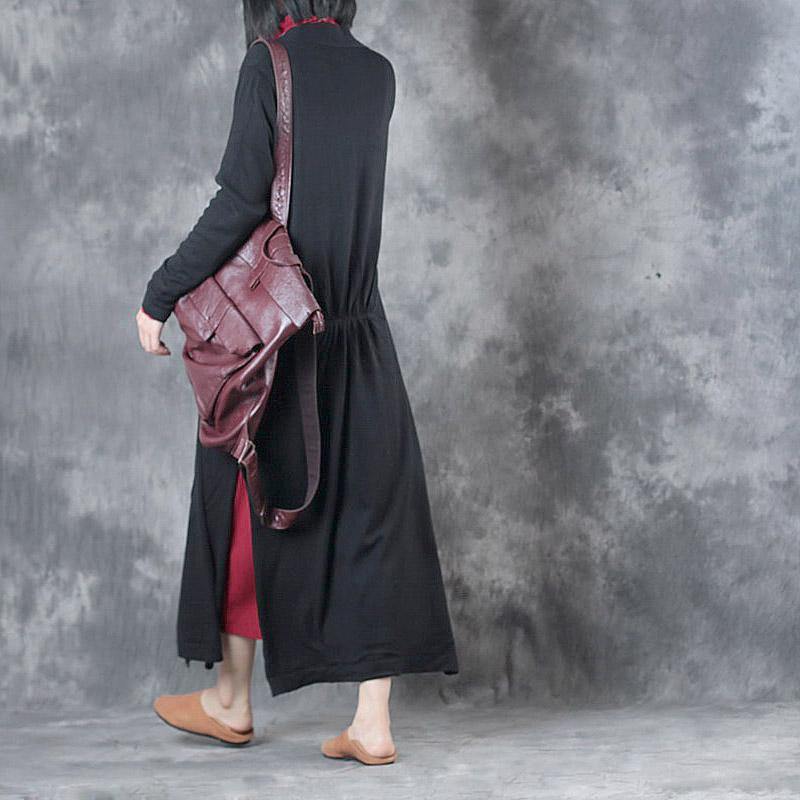 new black side open knit coats loose long sleeve v neck wrap coats - Omychic