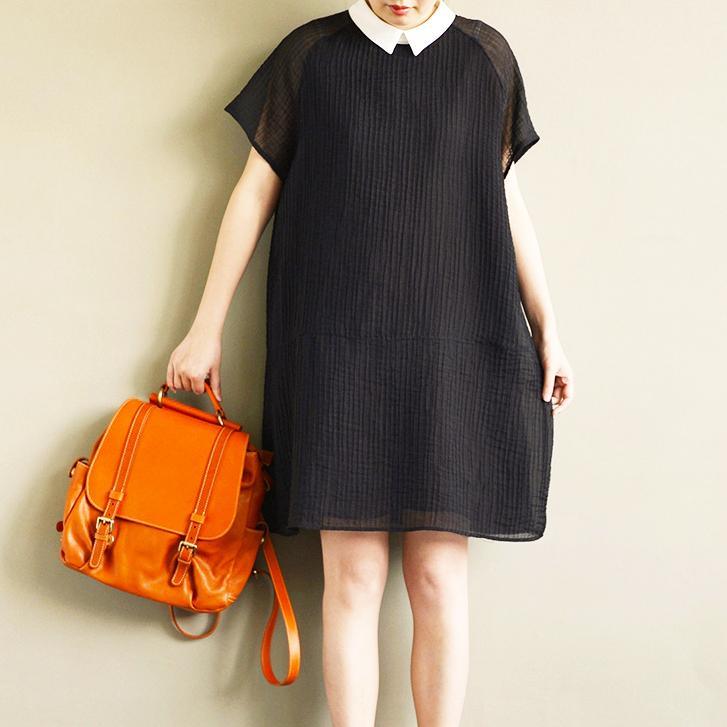 new black stylish chiffon dresses plus size wrinkled sundress short sleeve shirt dress - Omychic