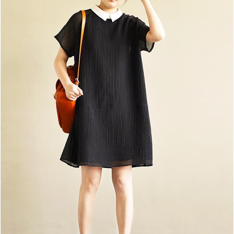 new black stylish chiffon dresses plus size wrinkled sundress short sleeve shirt dress - Omychic