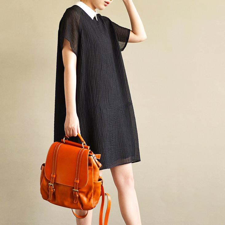 new black stylish chiffon dresses plus size wrinkled sundress short sleeve shirt dress - Omychic