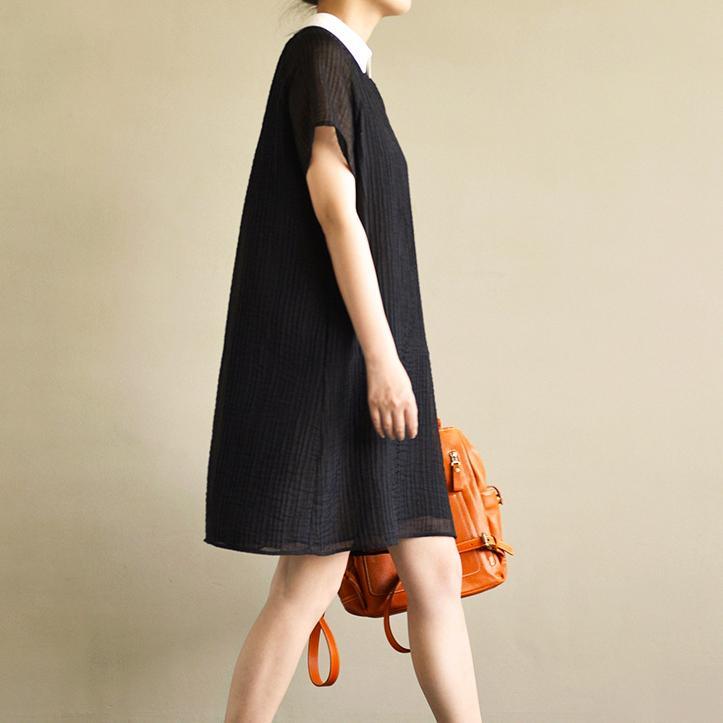new black stylish chiffon dresses plus size wrinkled sundress short sleeve shirt dress - Omychic