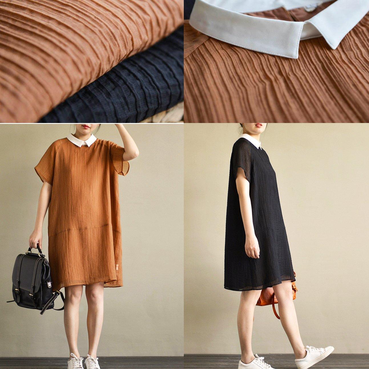 new black stylish chiffon dresses plus size wrinkled sundress short sleeve shirt dress - Omychic