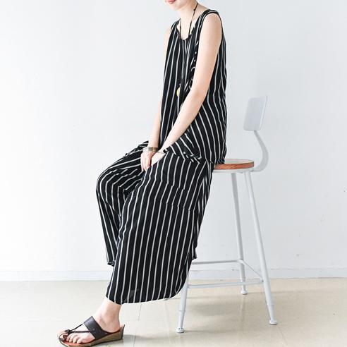 New Black Summer Cotton Tops And Pants Striped Oversize Tops Casual Wide Leg Pants - Omychic