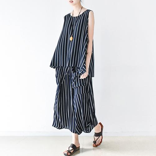 New Black Summer Cotton Tops And Pants Striped Oversize Tops Casual Wide Leg Pants - Omychic