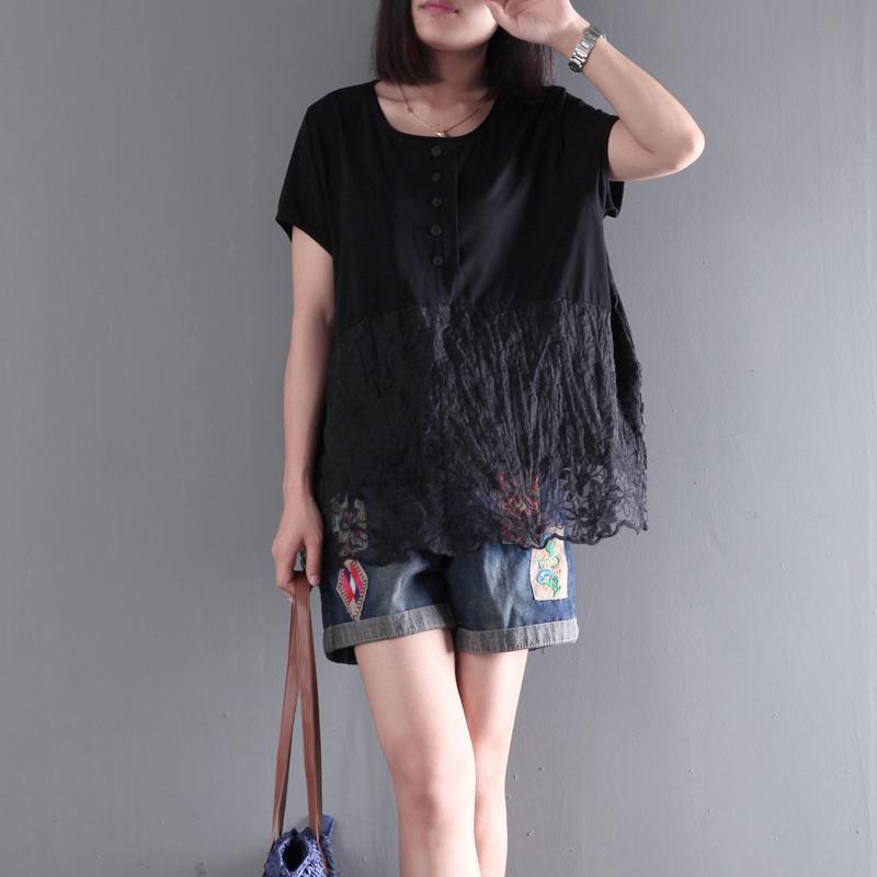 new black summer  t shirt casual cotton blouse plus size short sleeve tops - Omychic