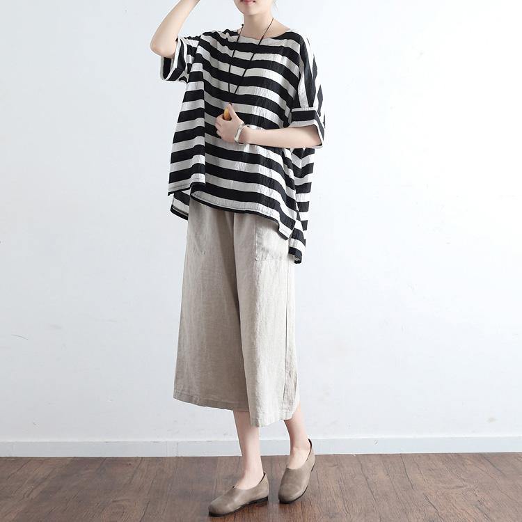 new black white striped linen summer tops casual o neck pullover batwing sleeve t shirt - Omychic