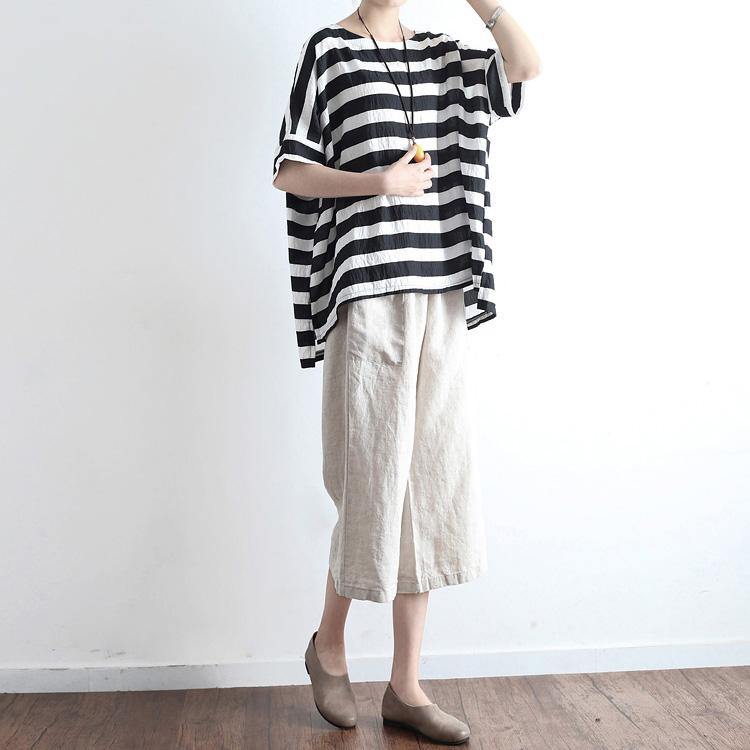 new black white striped linen summer tops casual o neck pullover batwing sleeve t shirt - Omychic