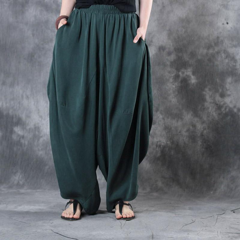 new blackish green unique silk pants oversize casual women trousers - Omychic