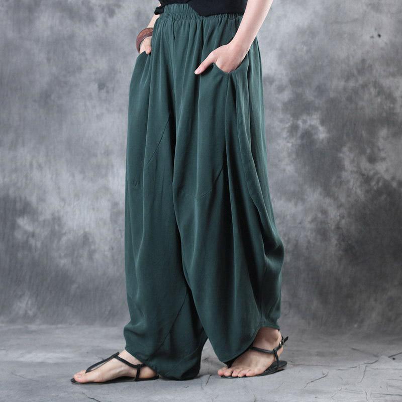 new blackish green unique silk pants oversize casual women trousers - Omychic