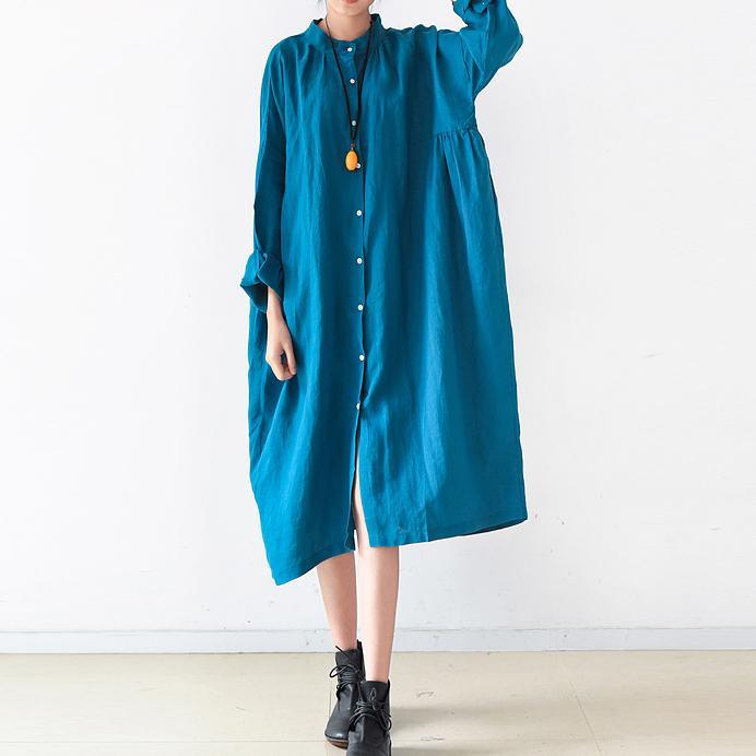 new blue casual  linen dresses plus size long sleeve shirt dress - Omychic