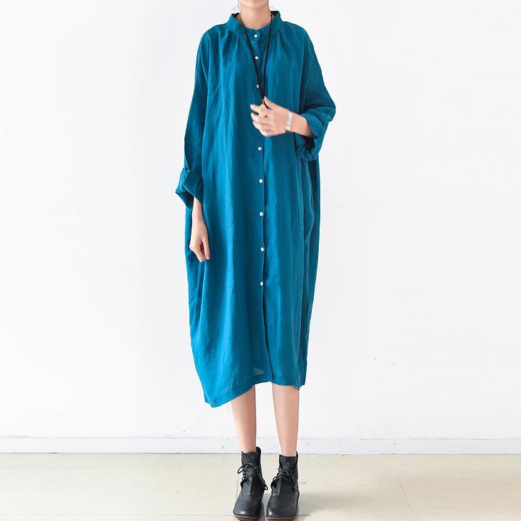 new blue casual  linen dresses plus size long sleeve shirt dress - Omychic