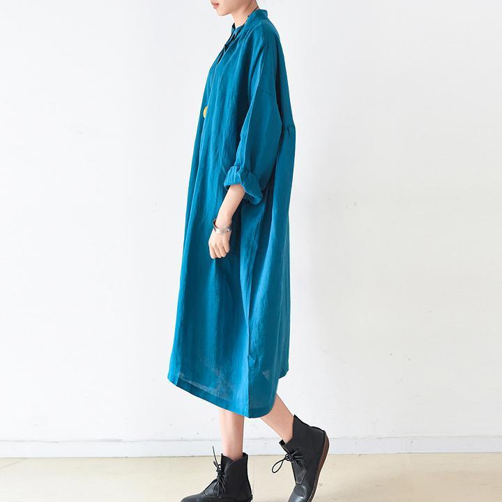 new blue casual  linen dresses plus size long sleeve shirt dress - Omychic