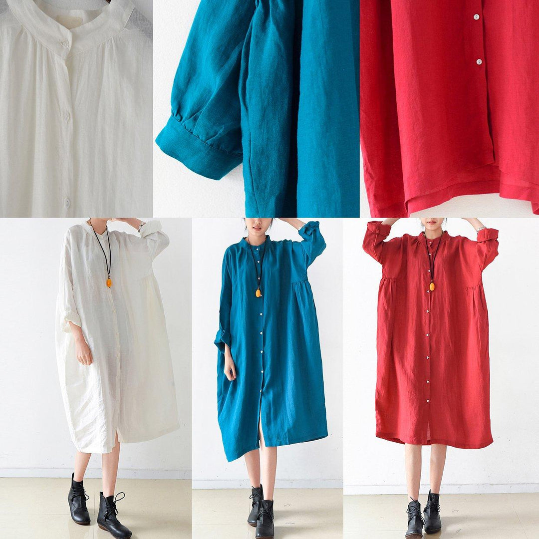 new blue casual  linen dresses plus size long sleeve shirt dress - Omychic