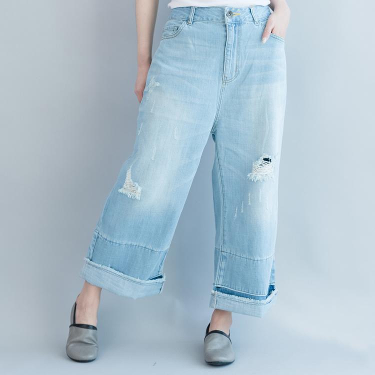 new blue casual pants loose summer hole jeans - Omychic