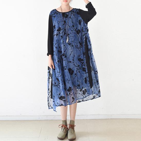 new blue embroidery chiffon sundress oversize casual maxi dress patchwork o neck summer dress - Omychic