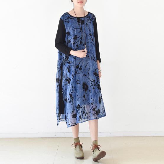 new blue embroidery chiffon sundress oversize casual maxi dress patchwork o neck summer dress - Omychic