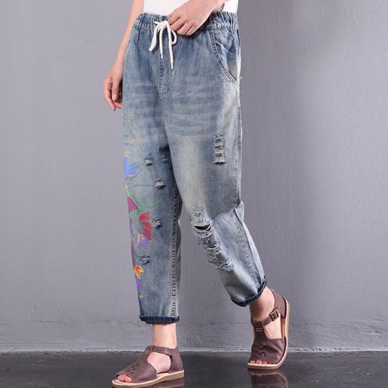 new blue floral loose pants casual elastic waist rip Jeans - Omychic
