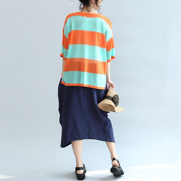 new blue orange patchwork cotton blouse plus size stylish tops v neck casual t shirt - Omychic