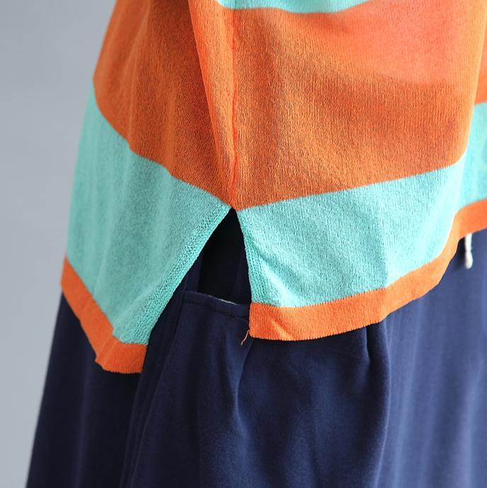 new blue orange patchwork cotton blouse plus size stylish tops v neck casual t shirt - Omychic