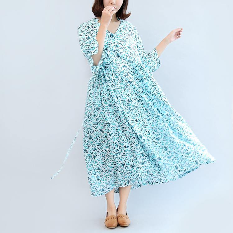 new blue print linen dresses plus size casual sundress high waist maxi dress - Omychic