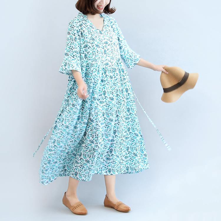new blue print linen dresses plus size casual sundress high waist maxi dress - Omychic