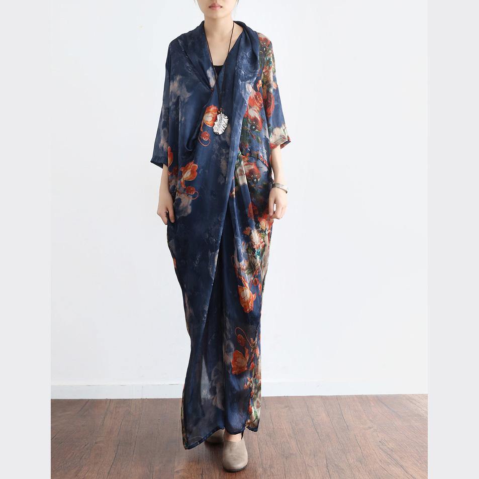 new blue print stylish casual chiffon dresses  plus size vintage unique maxi dress - Omychic