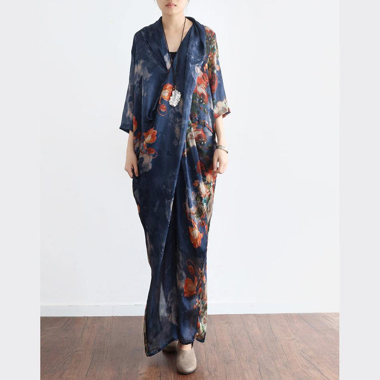 new blue print stylish casual chiffon dresses  plus size vintage unique maxi dress - Omychic