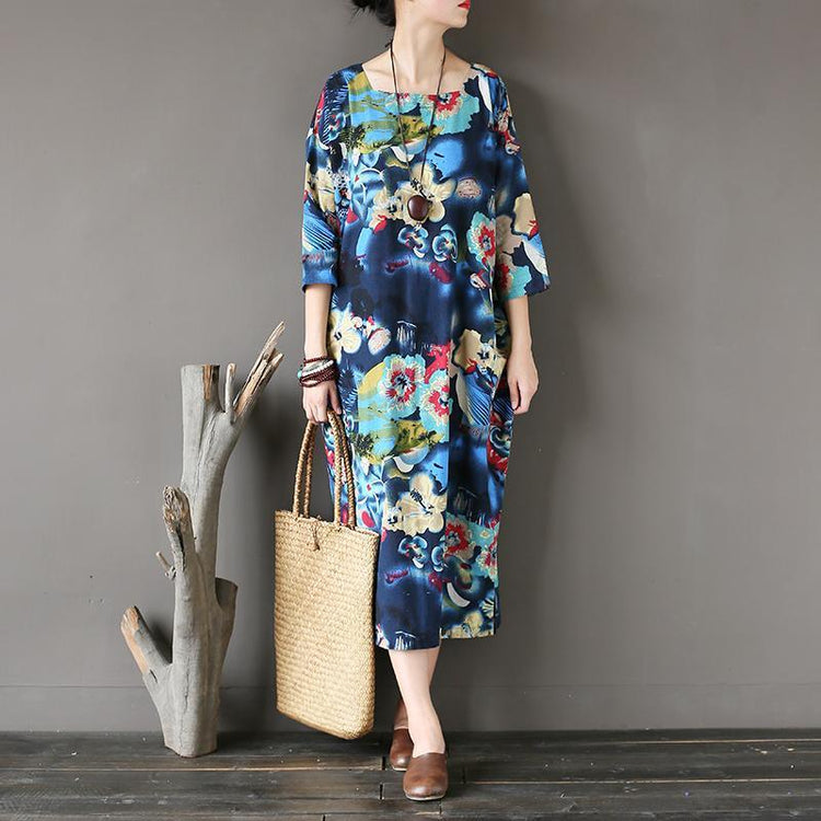 new blue prints casual linen maxi dress oversize casual o neck traveling dresses - Omychic