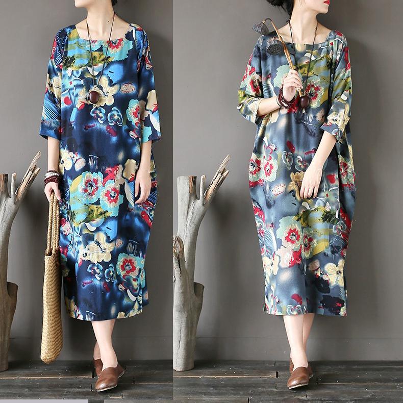new blue prints casual linen maxi dress oversize casual o neck traveling dresses - Omychic