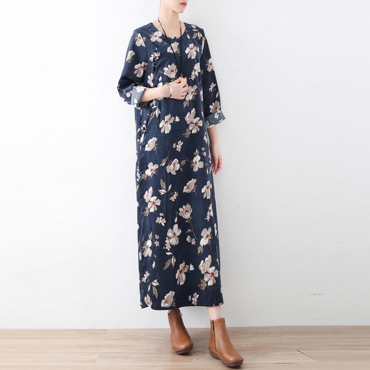 new blue vintage prints cotton maxi dresses plus size casual gown - Omychic