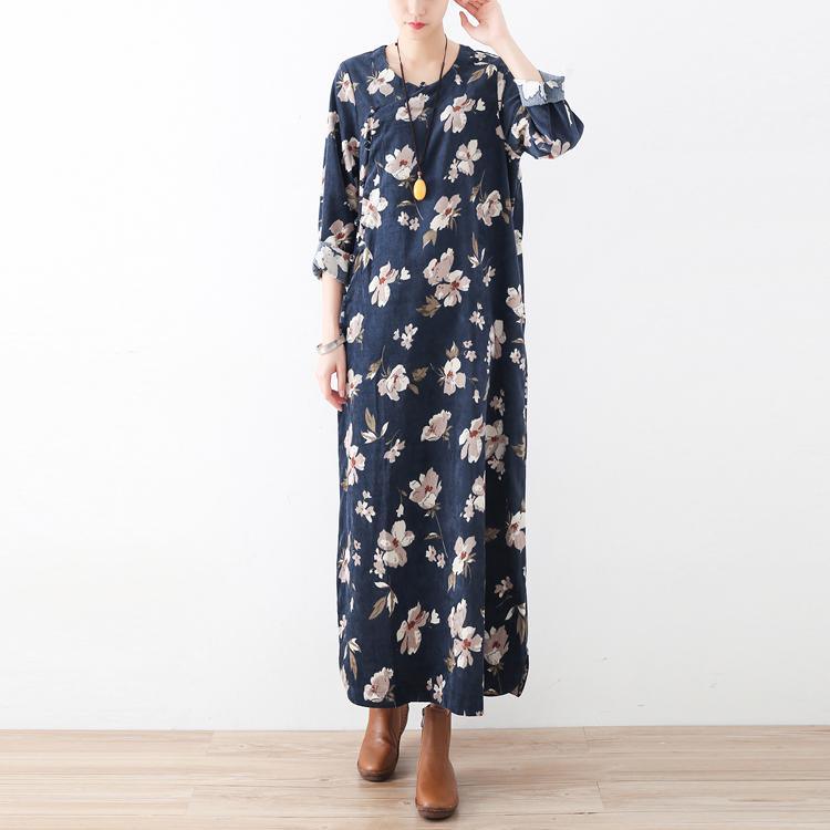 new blue vintage prints cotton maxi dresses plus size casual gown - Omychic