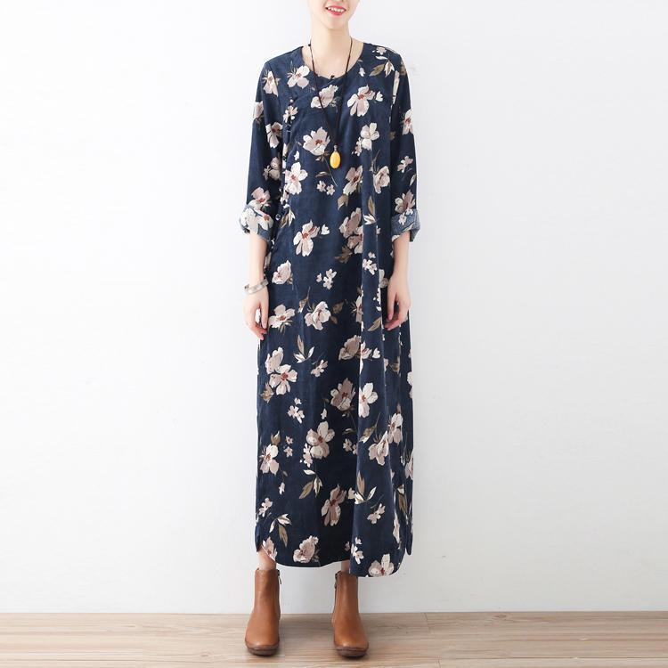 new blue vintage prints cotton maxi dresses plus size casual gown - Omychic