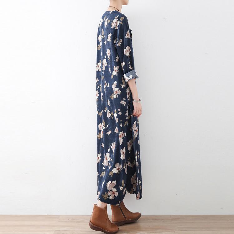 new blue vintage prints cotton maxi dresses plus size casual gown - Omychic