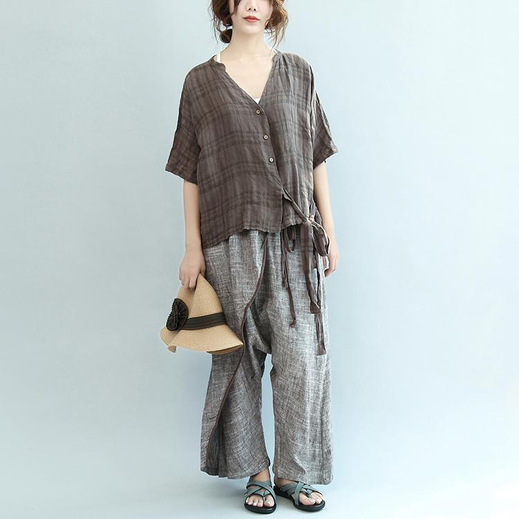 new brown grid linen tops oversize casual blouse short sleeve shirts - Omychic