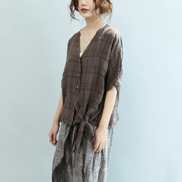 new brown grid linen tops oversize casual blouse short sleeve shirts - Omychic