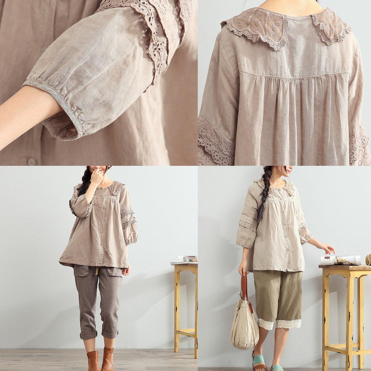 new brown linen tops plus size casual shirt bracelet sleeve blouse - Omychic