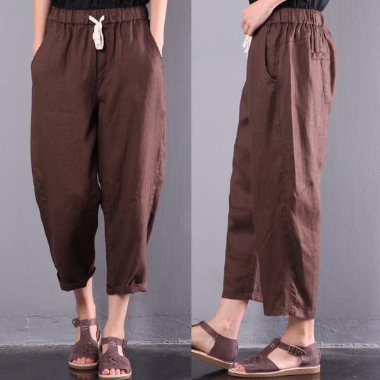 new brown loose linen pants plus size elastic waist crop pants - Omychic