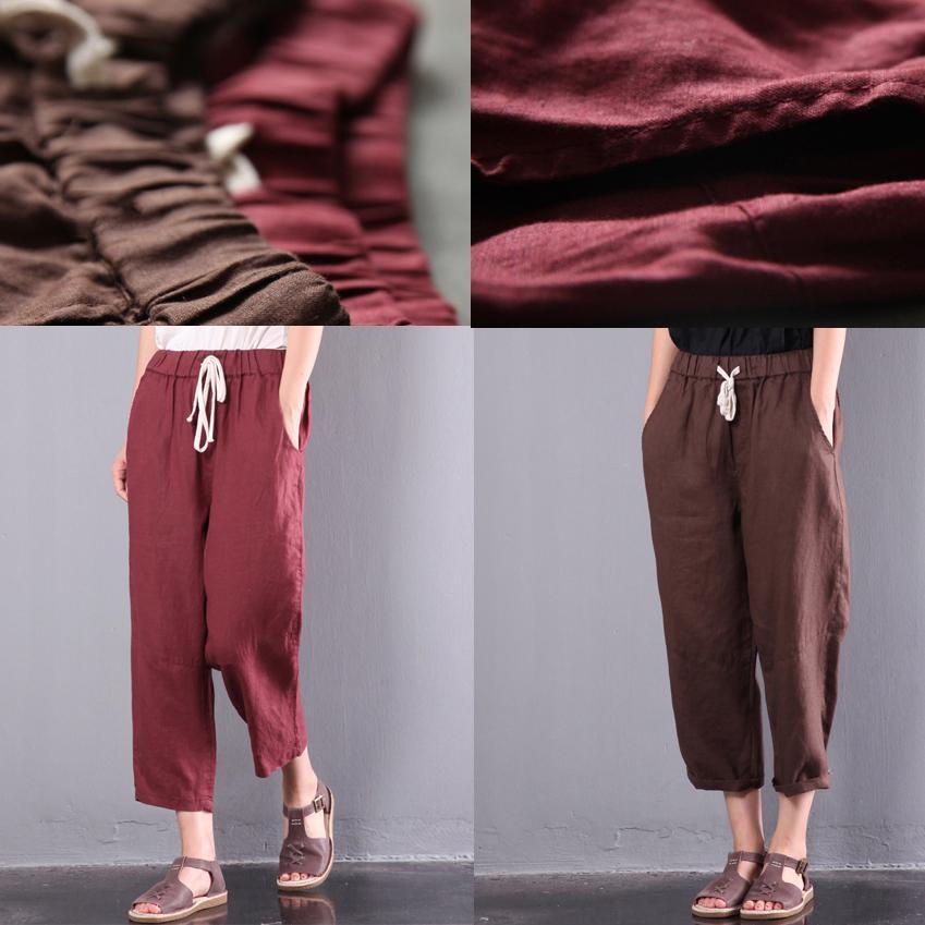 new brown loose linen pants plus size elastic waist crop pants - Omychic