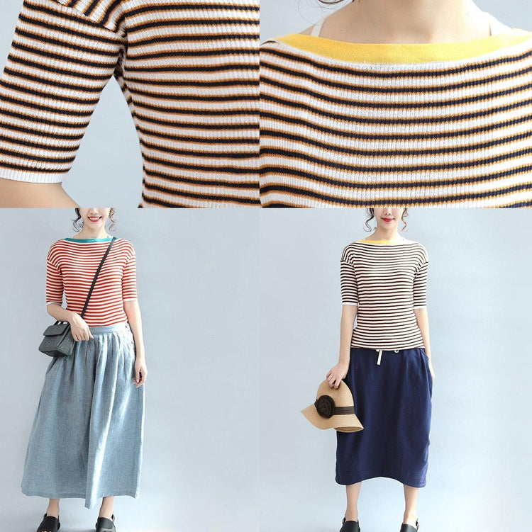 new brown striped cotton blouse loose slim t shirt o neck tops - Omychic