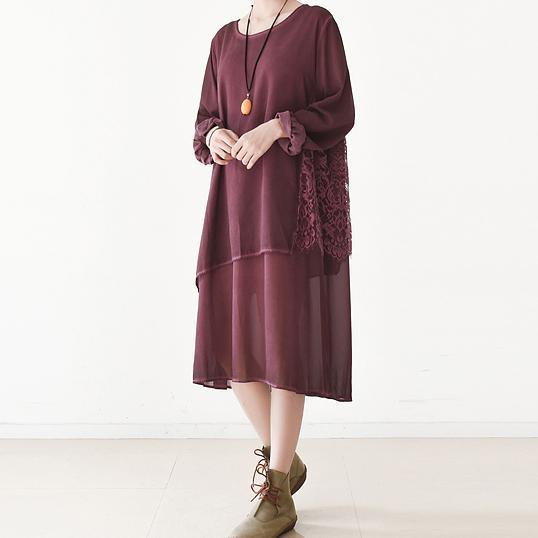 new burgundy lace patchwork chiffon dresses plus size asymmetric long sleeve casual dress - Omychic